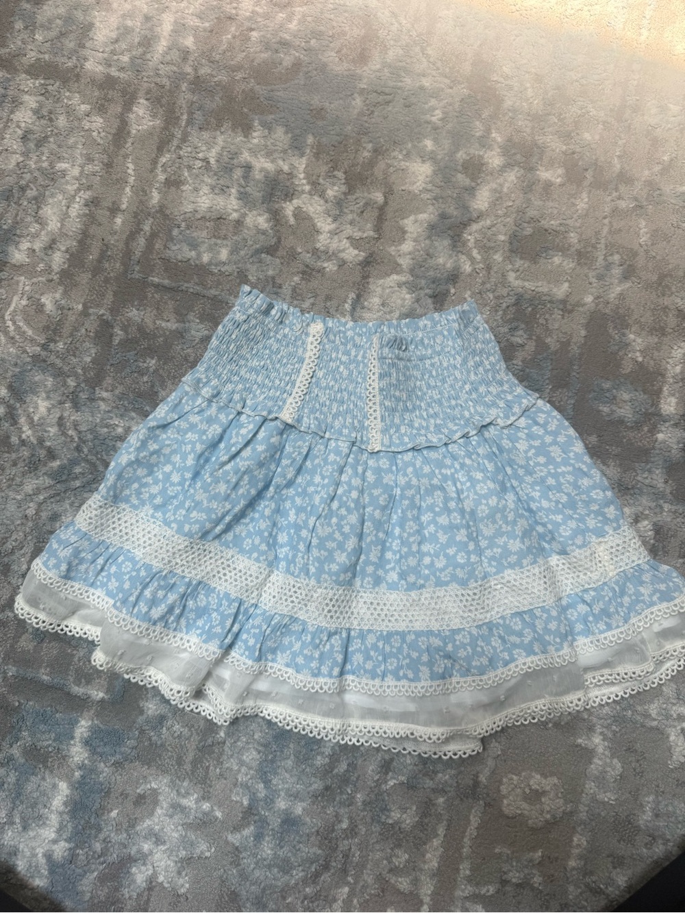 Katie J NYC Pale Blue Floral Tiered Skirt with White Lace